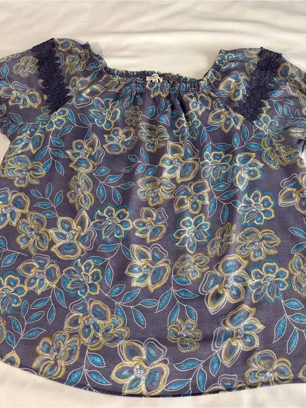 Navy Floral Embroidered Short-Sleeve Blouse